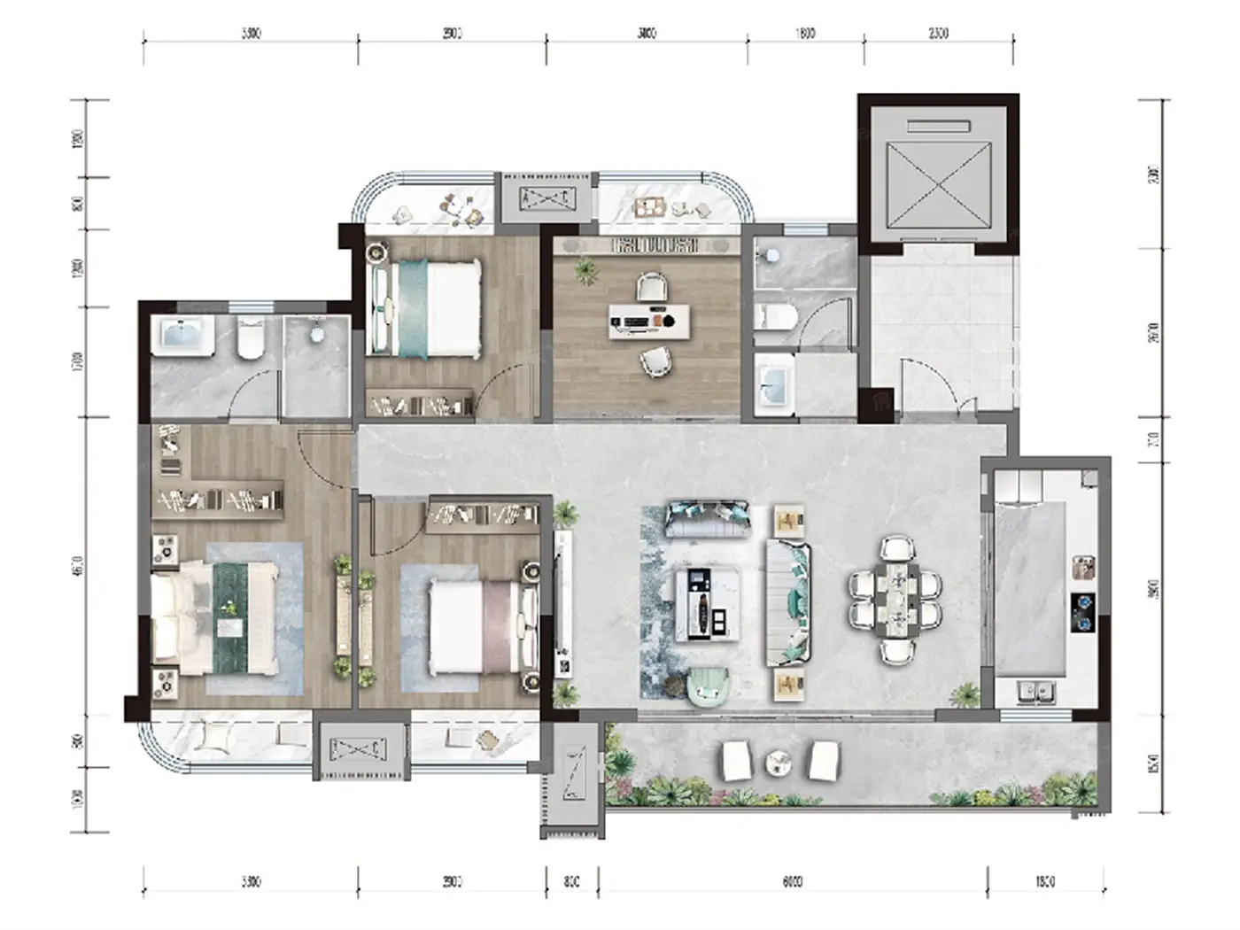 大平层E1户型 4室2厅2卫 88-89万 建筑约126㎡